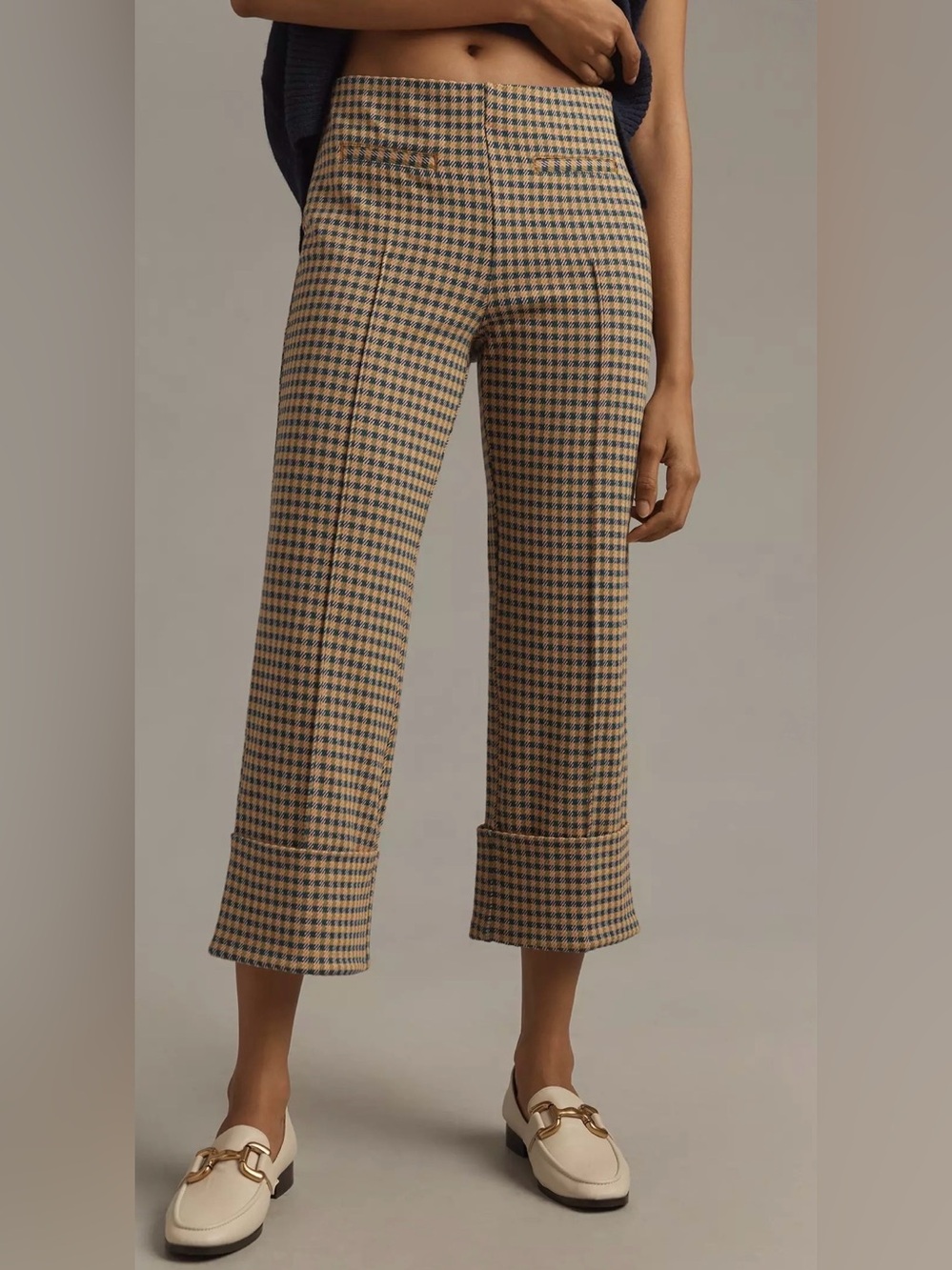 Maeve Knit Cuffed Pants Plaid Cropped Pull On Wide Leg Trouser Medium
